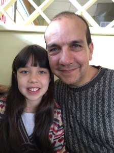 Daddy and Belle at breakfast May 2015