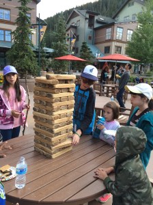 Natasha, Trey, Alex, Mikayla and Jonathan playing Jenga.