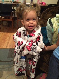 Katherine did not want to take off her new Minnie Mouse robe!