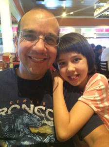 Daddy and Belle on our birthday dinner.