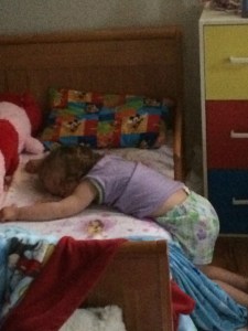 Katherine SLEEPING while being half way out of her bed!  Sound asleep!  June 2016