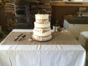 Wedding Cake with Burlap decorations.